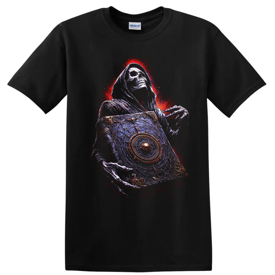 Hooded skull holding an ornate occult card in distressed gothic art style on a Black T Shirt
