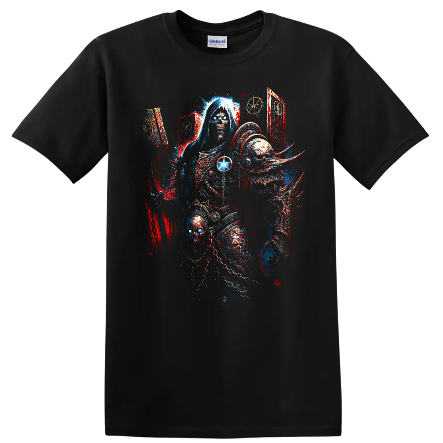 Hooded skull reaper gothic fantasy horror graphic print on a Black T Shirt