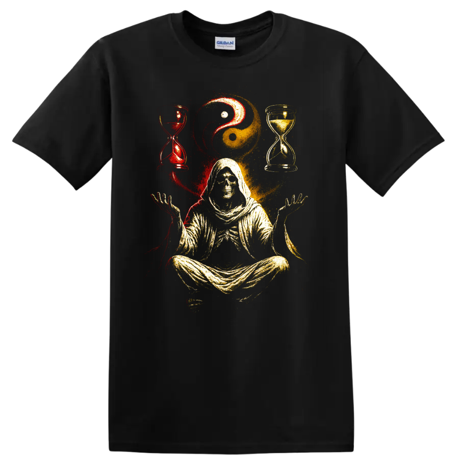 Hooded skull reaper meditating with yin yang and red-gold hourglasses on a Black T Shirt