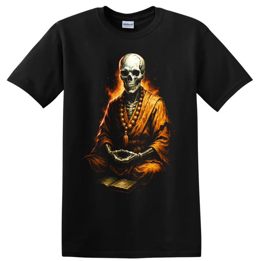 Fiery meditating skull skeleton in orange robes with prayer beads on a Black T Shirt