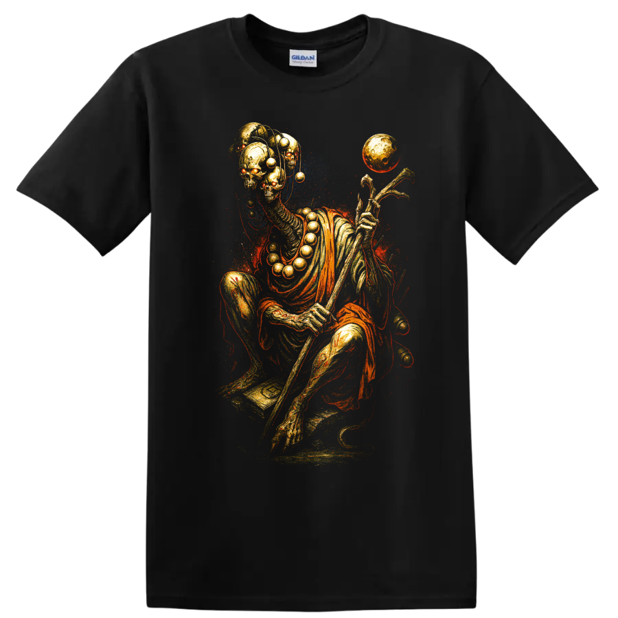 Golden skeleton skull with floating orb, surreal gothic graphic art on a Black T Shirt