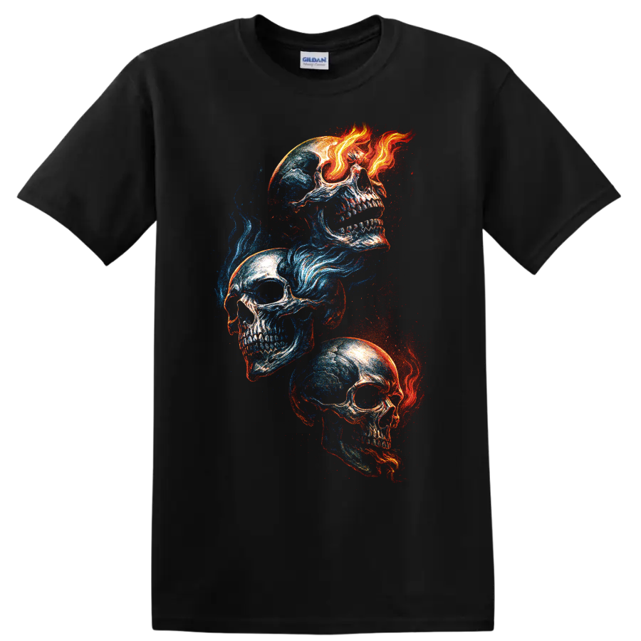 Three skulls in blue and red fire-and-ice gothic graphic art on a Black T Shirt