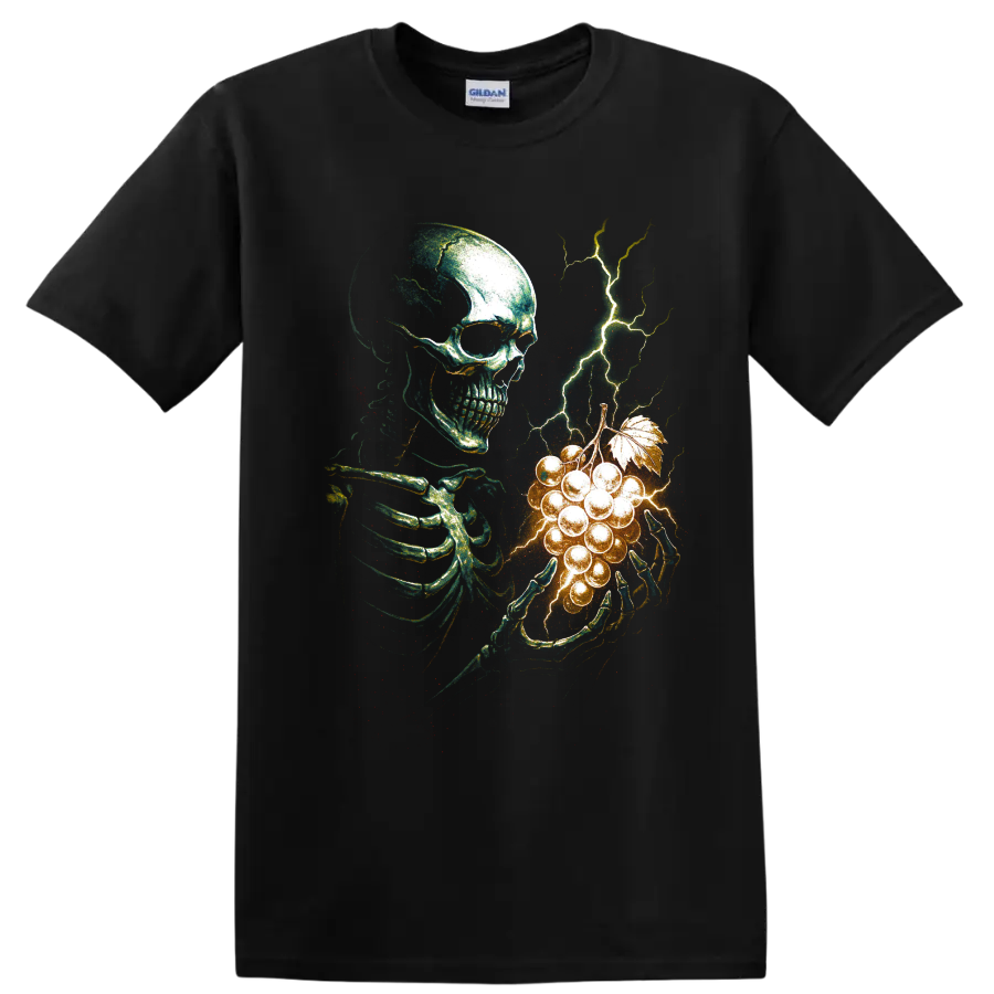 Gothic skeleton holding glowing grapes with branching lightning on a Black T Shirt