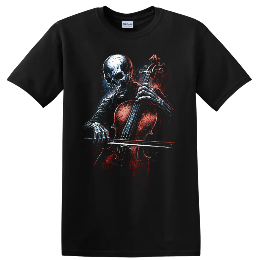 Gothic skull playing cello in distressed red and blue graphic art on a Black T Shirt