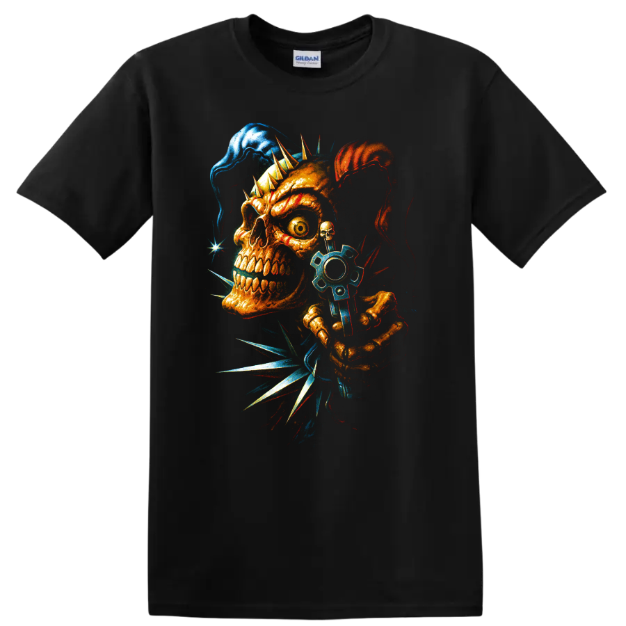 Punk skull with spikes and blue gear gothic horror graphic art on a Black T Shirt