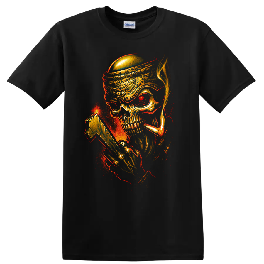 Pirate skull with ornate hat and golden cutlass gothic graphic on a Black T Shirt