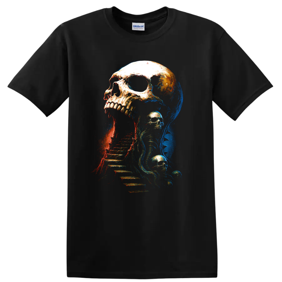 Gothic skull and skeleton staircase horror graphic art on a Black T Shirt