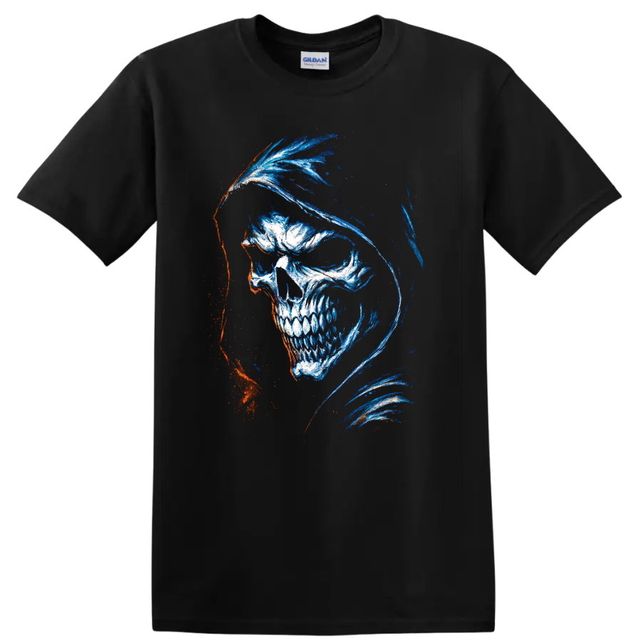 Hooded skull gothic horror graphic art with blue, white, and orange accents on a Black T Shirt