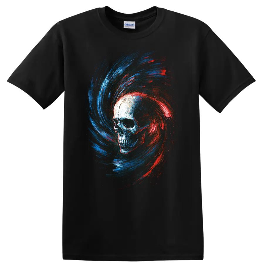 Gothic skull graphic with red and blue swirling brushstrokes on a Black T Shirt