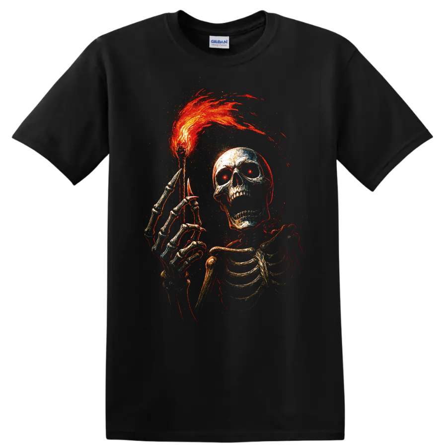 Flaming skull and skeleton gothic horror graphic with red and orange flames on a Black T Shirt