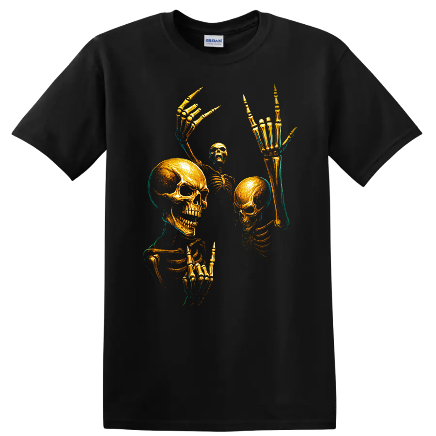 Gold skull skeleton gothic horror graphic with raised bony hands on a Black T Shirt