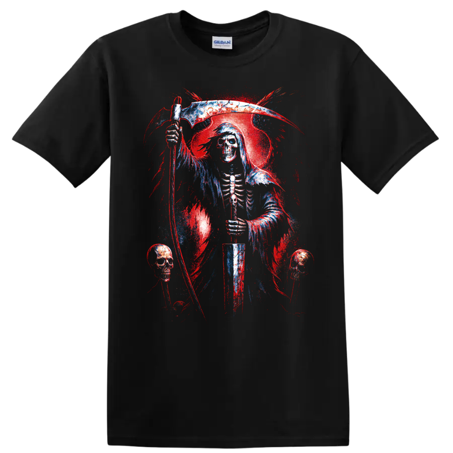 Grim reaper skull holding a scythe in distressed gothic horror art on a Black T Shirt