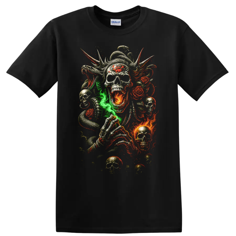 Gothic skull with snakes, roses, flames, and skeletal hand graphic on a Black T Shirt