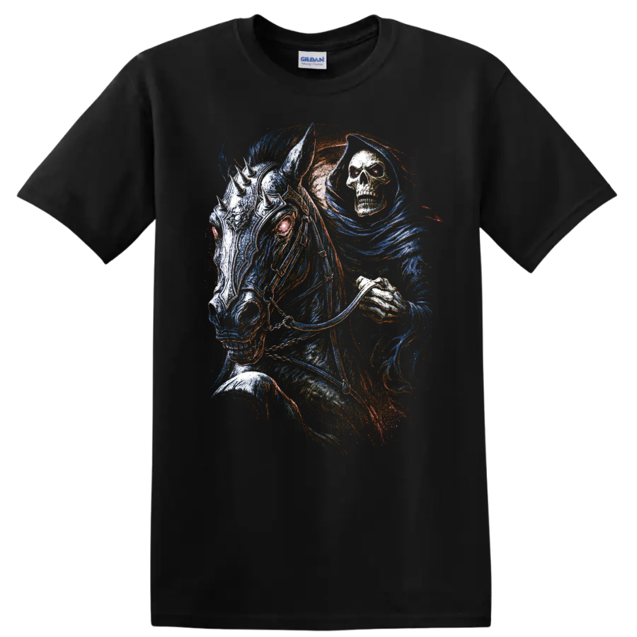 Colorful gothic skull horse and grim reaper fantasy illustration on a Black T Shirt