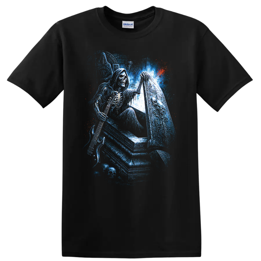 Hooded skull grim reaper beside a coffin in distressed blue gothic art on a Black T Shirt