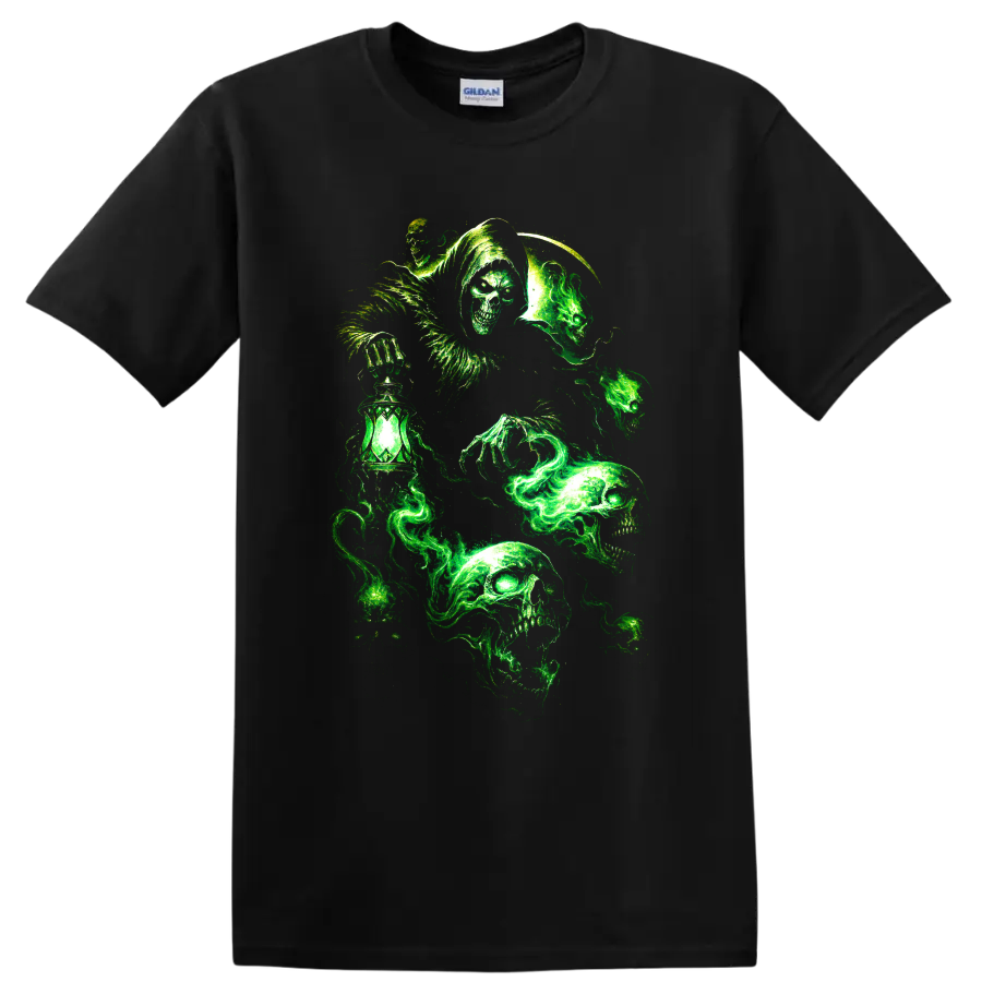 Glowing green gothic skulls with a hooded figure and lantern on a Black T Shirt