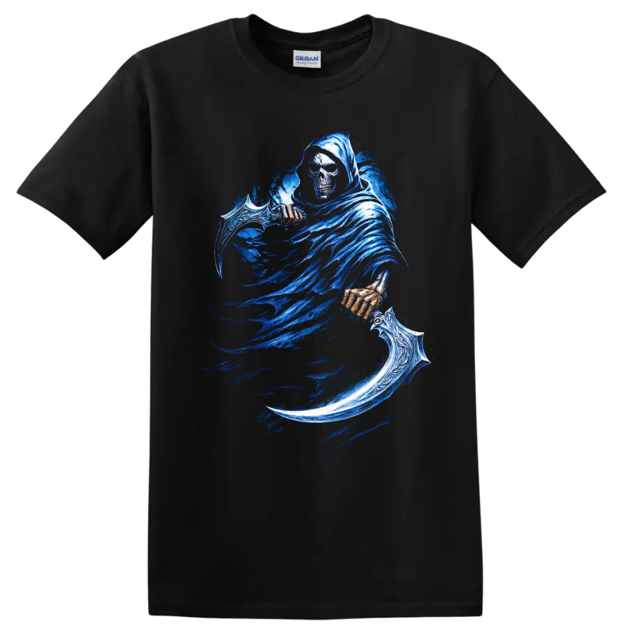 Hooded Grim Reaper skull with ornate blue scythe gothic graphic on a Black T Shirt