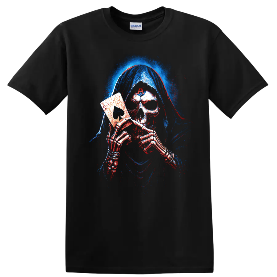 Hooded skeleton holding an ornate death mask, gothic horror graphic on a Black T Shirt
