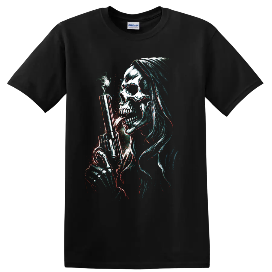 Long-haired skull holding a handgun in distressed glitch gothic art on a Black T Shirt