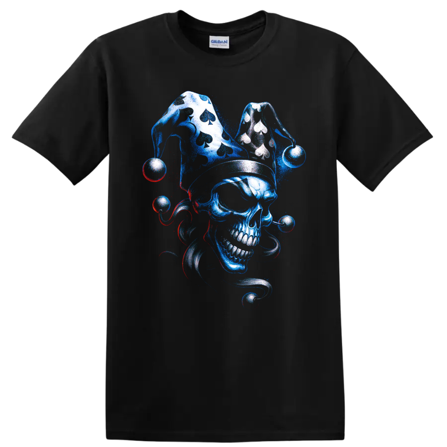 Blue skull jester with playing-card symbols and gothic swirling accents on a Black T Shirt