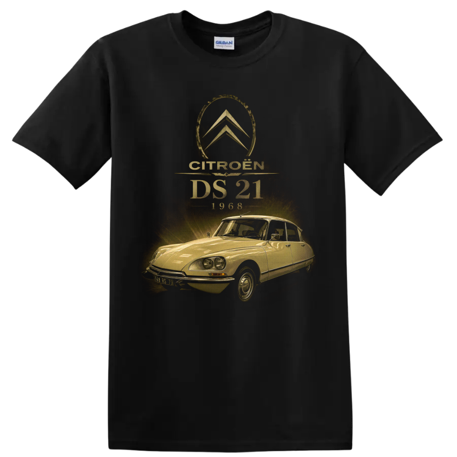 Citroën DS 21 1968 vintage distressed classic car graphic on a Black T Shirt