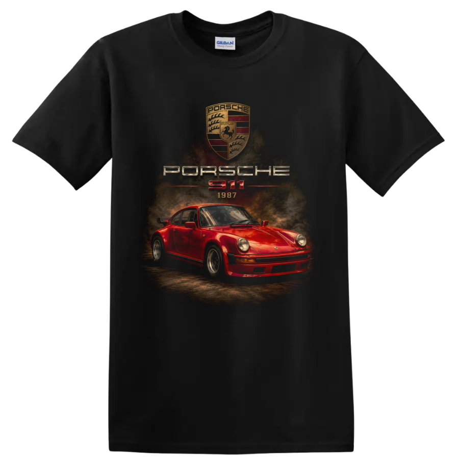Vintage red Porsche 911 1987 sports car graphic with crest and lettering on a Black T Shirt