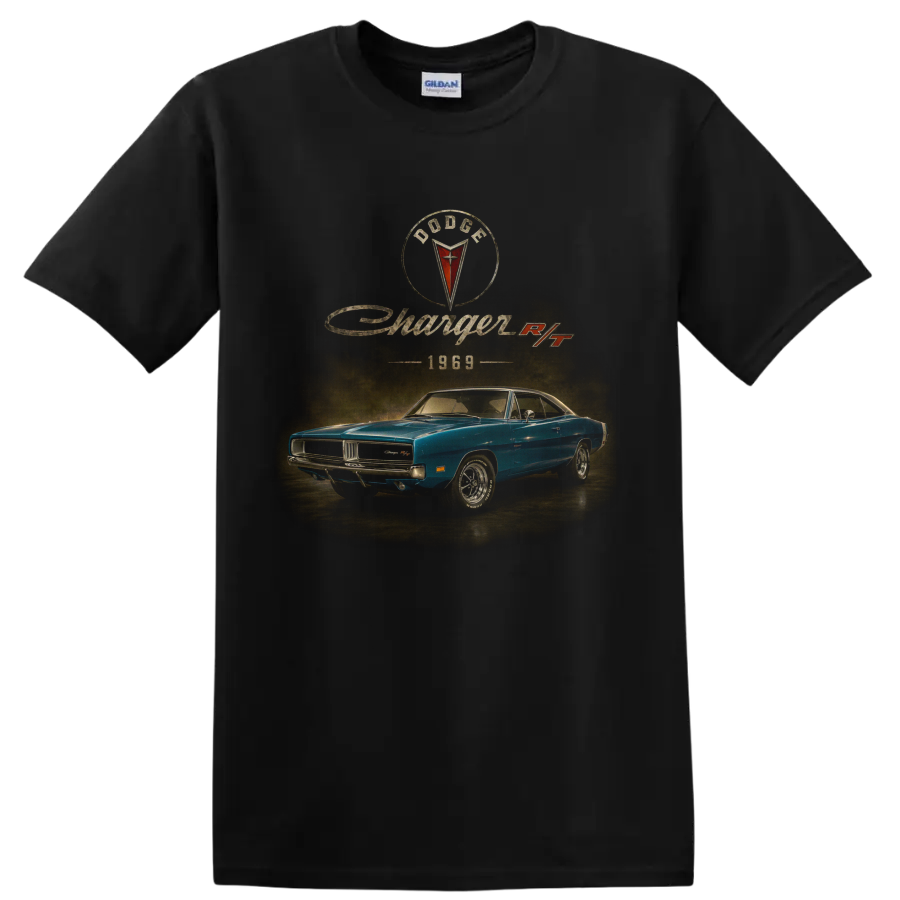 1969 Dodge Charger RT vintage blue muscle car graphic with retro lettering on a Black T Shirt