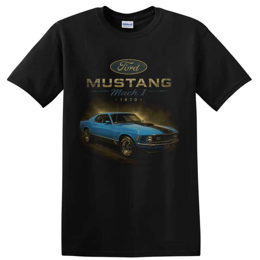1970 Ford Mustang Mach 1 blue classic car graphic with retro lettering on a Black T Shirt