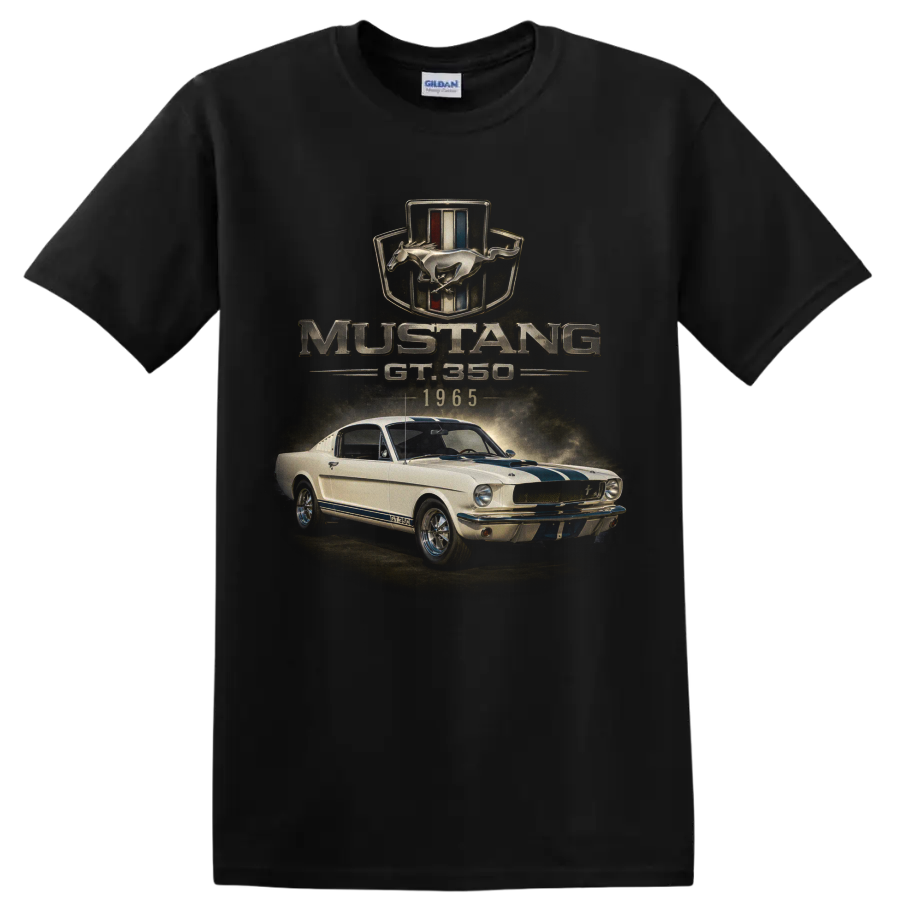 1965 Ford Mustang GT350 vintage fastback car graphic with blue stripes on a Black T Shirt
