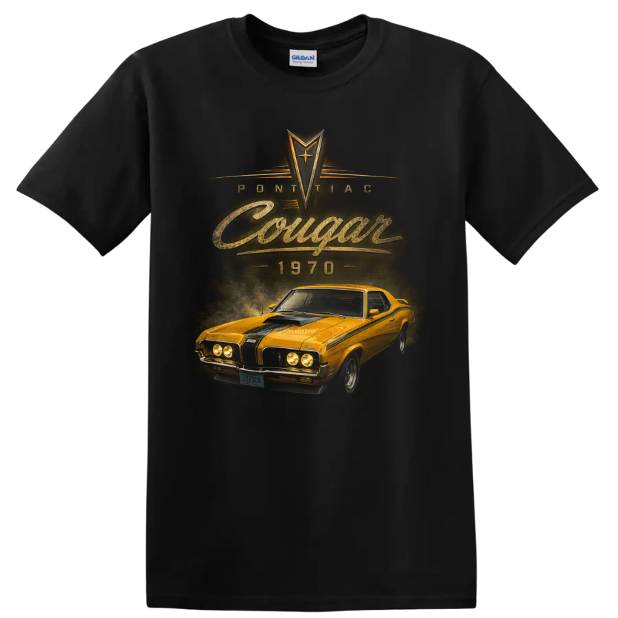1970 Mercury Cougar vintage orange muscle car graphic with Cougar text on a Black T Shirt