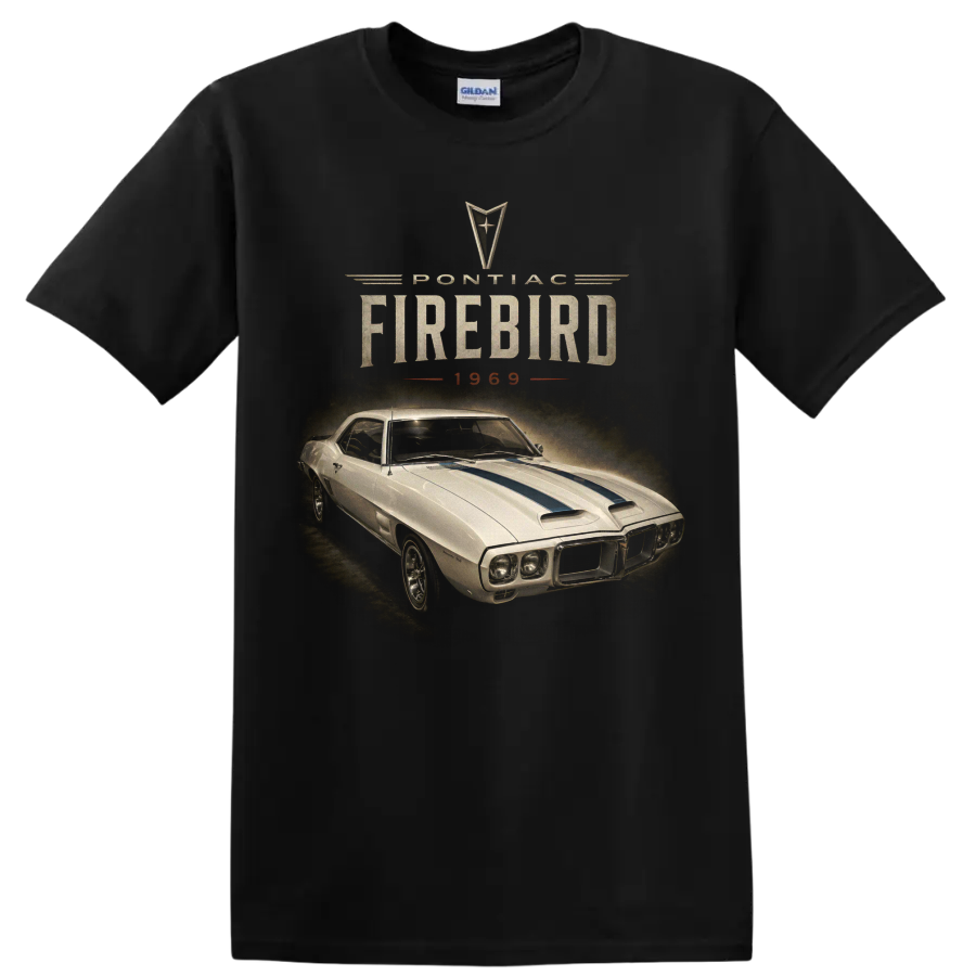 1969 Pontiac Firebird vintage muscle car graphic with blue hood stripes on a Black T Shirt
