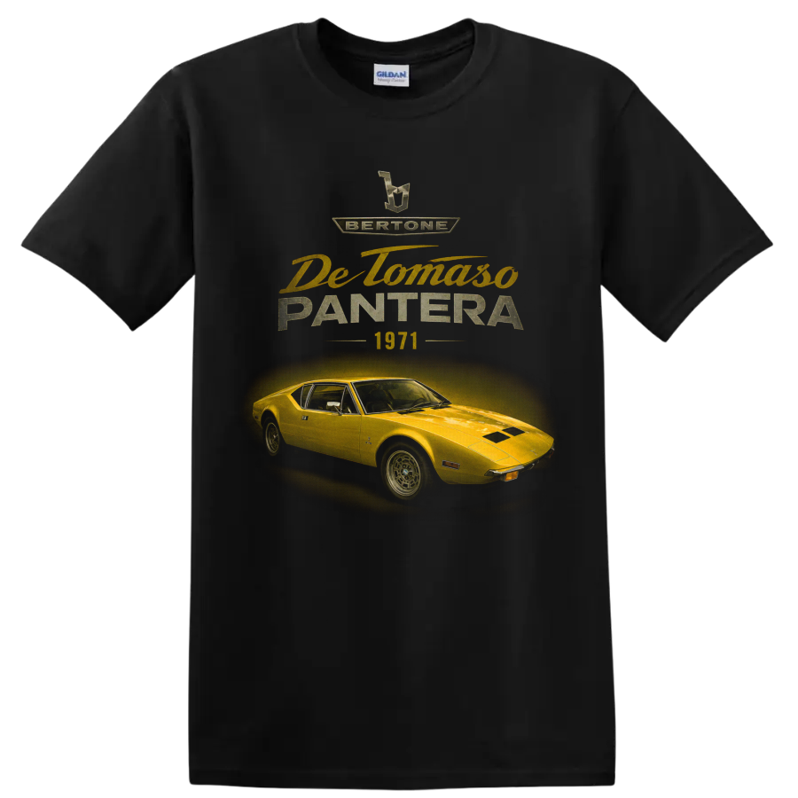 Vintage De Tomaso Pantera 1971 yellow sports car graphic with retro lettering on a Black T Shirt