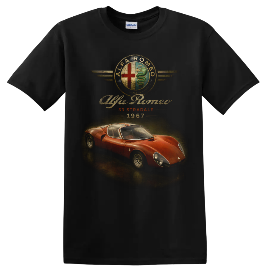 Alfa Romeo 33 Stradale 1967 vintage red sports car graphic on a Black T Shirt