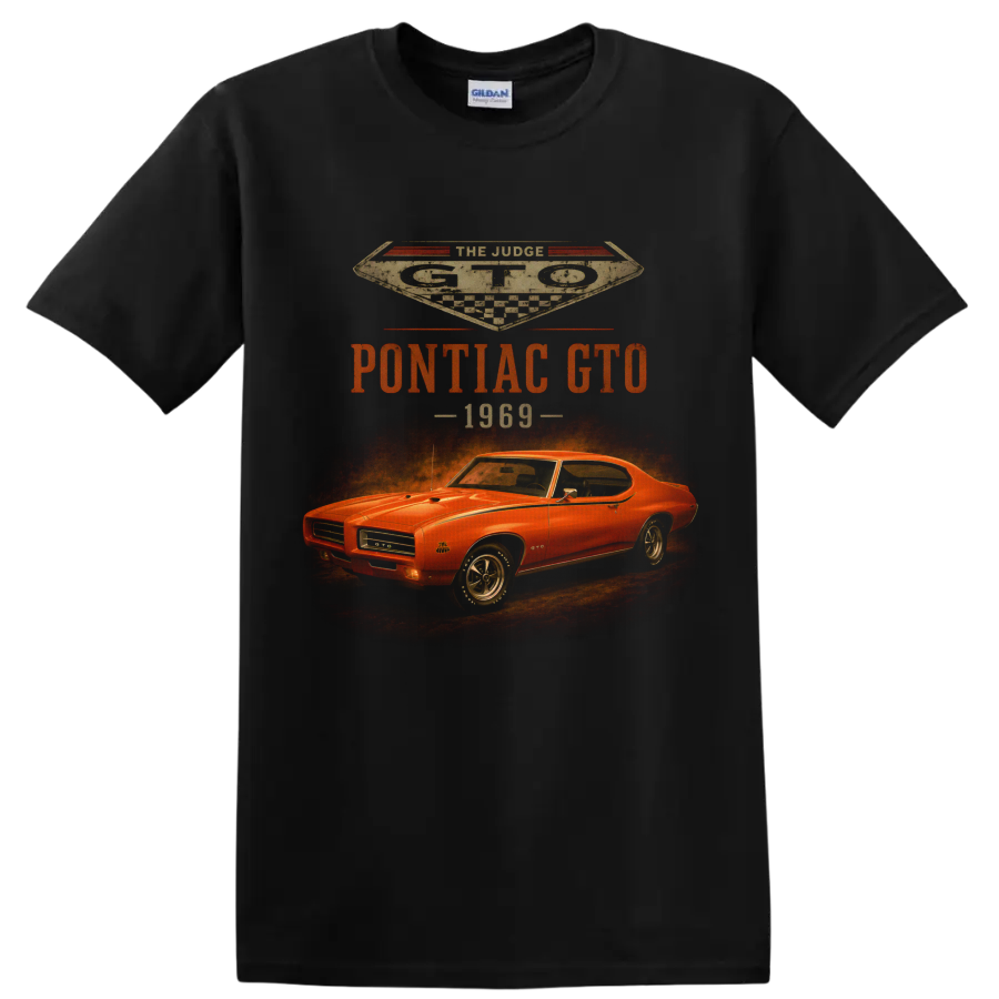 1969 Pontiac GTO vintage muscle car graphic with retro racing text on a Black T Shirt