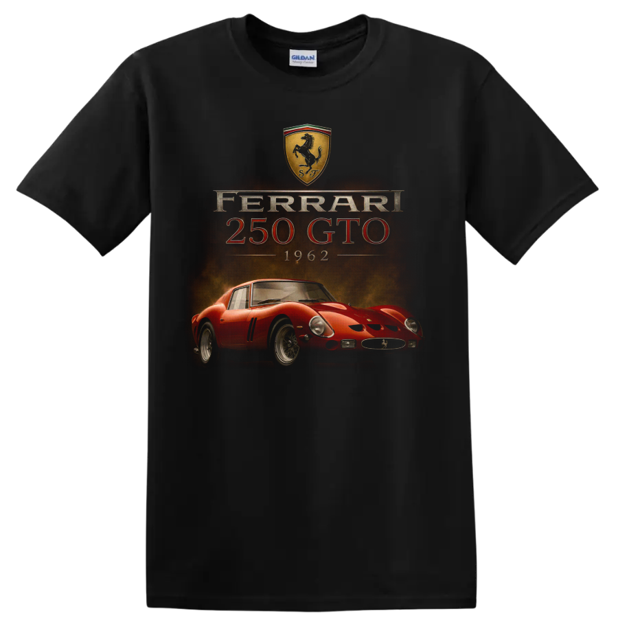 Ferrari 250 GTO 1962 vintage racing car graphic with visible text on a Black T Shirt