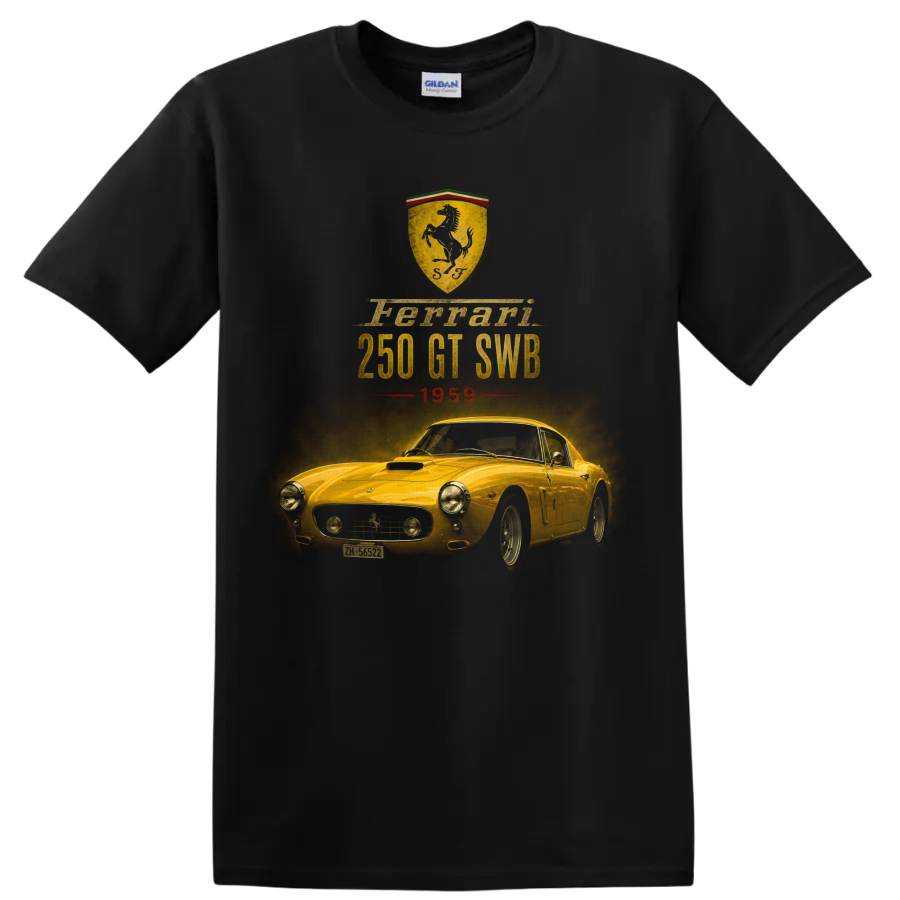 Ferrari 250 GT SWB 1959 vintage classic car graphic with shield crest on a Black T Shirt