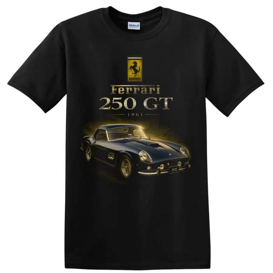 Vintage Ferrari 250 GT 1961 blue classic sports coupe graphic on a Black T Shirt