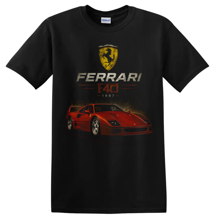 Vintage Ferrari F40 1987 red sports car graphic with Ferrari shield on a Black T Shirt
