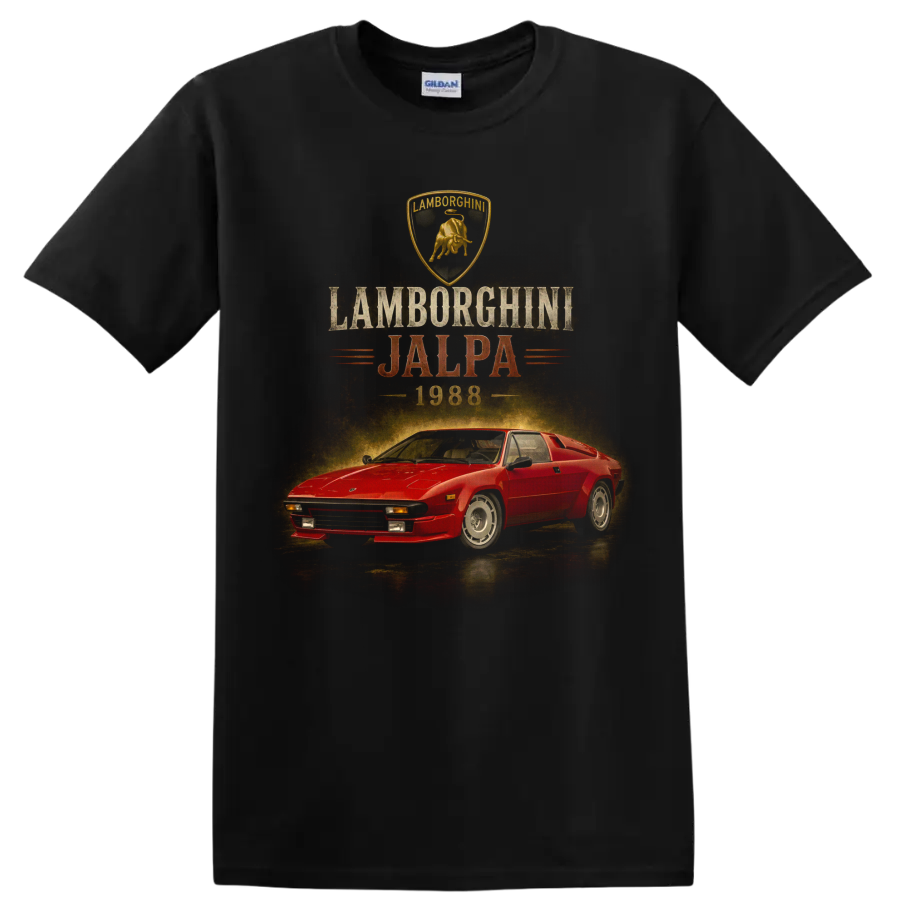 Vintage red 1988 Lamborghini Jalpa graphic with retro text and crest on a Black T Shirt