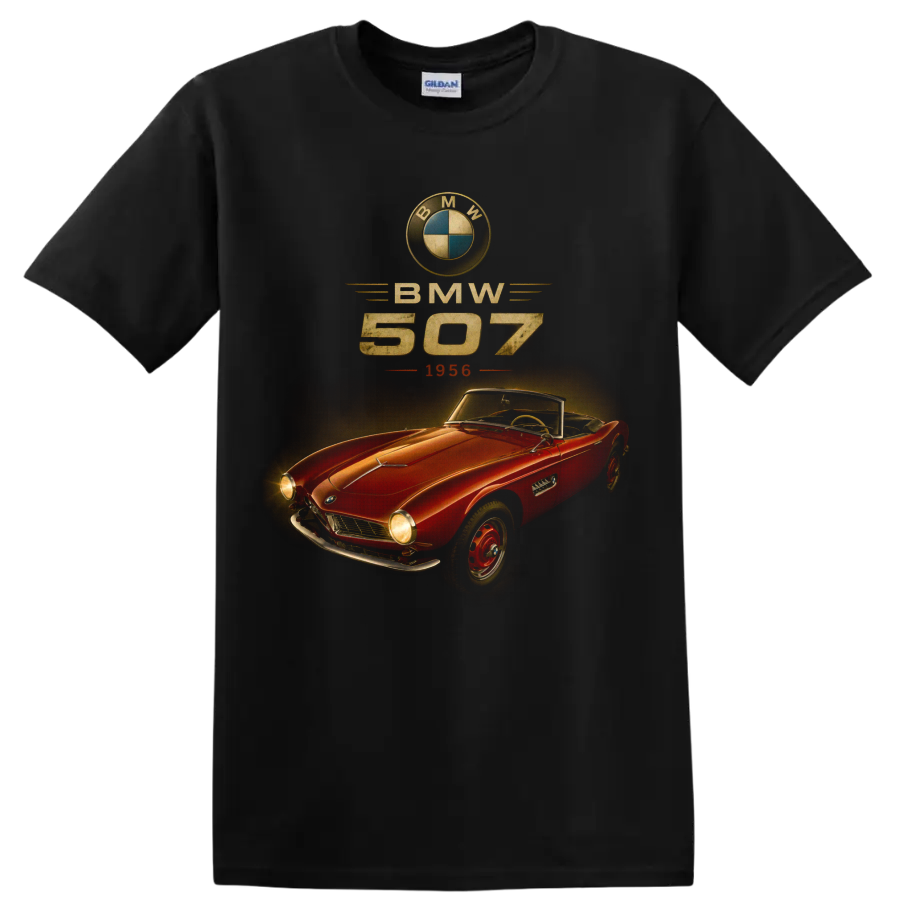 Vintage BMW 507 1956 red convertible roadster graphic print on a Black T Shirt