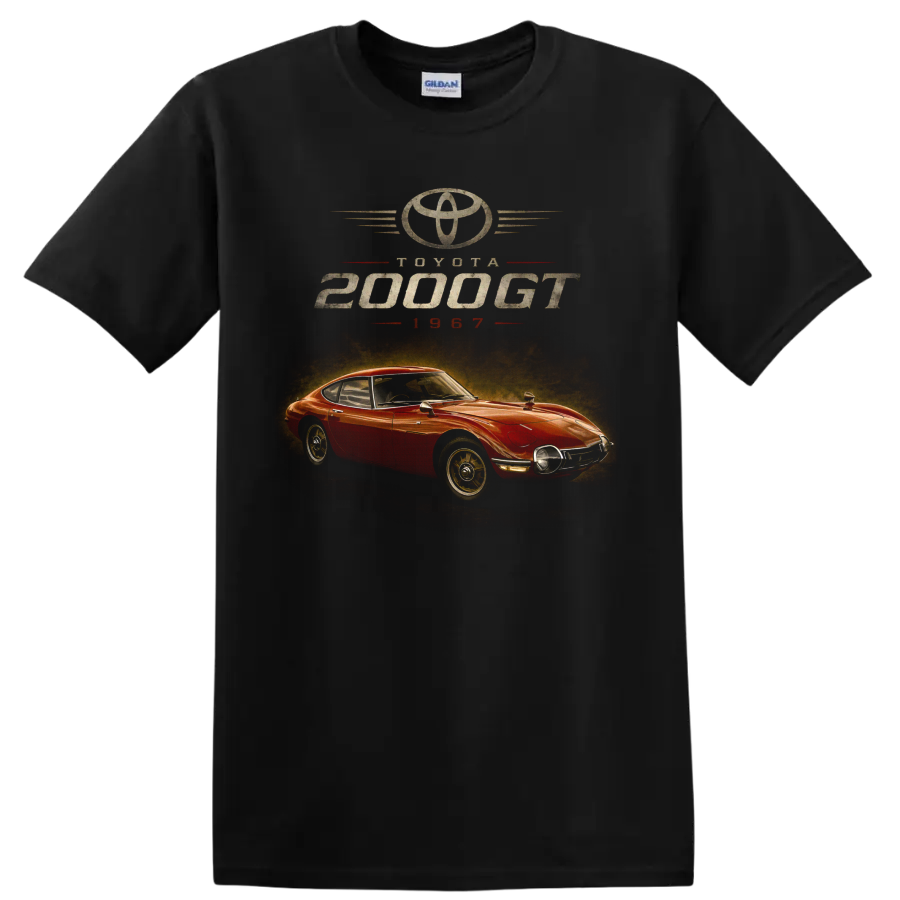 Toyota 2000GT 1967 red vintage classic car graphic print on a Black T Shirt