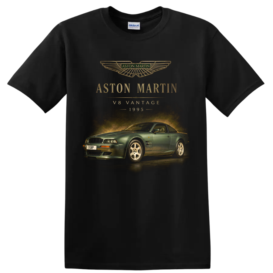 Aston Martin V8 Vantage 1995 vintage car graphic with gold lettering on a Black T Shirt