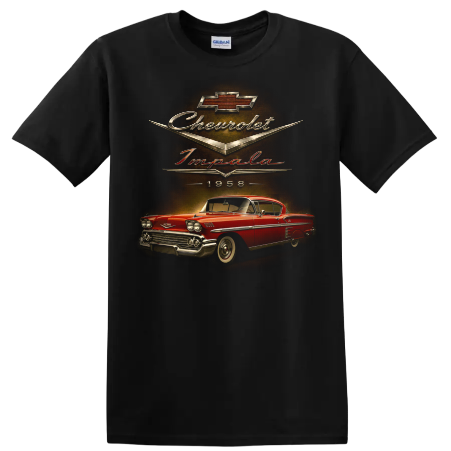 1958 Chevrolet Impala vintage red coupe graphic with Chevrolet script on a Black T Shirt