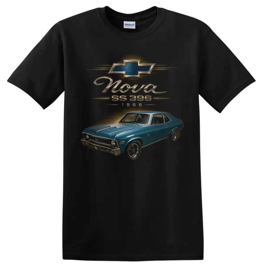 1968 Chevrolet Nova SS 396 blue vintage muscle car graphic on a Black T Shirt