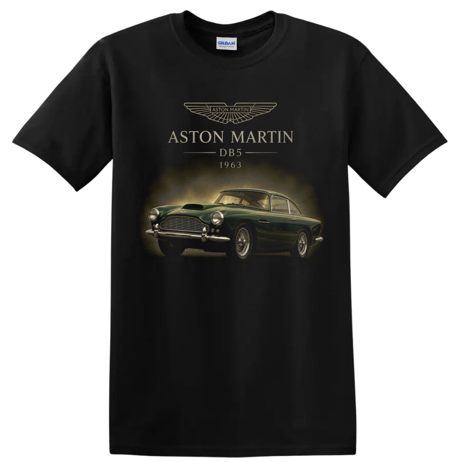 Vintage Aston Martin DB5 1963 classic car graphic with winged emblem on a Black T Shirt