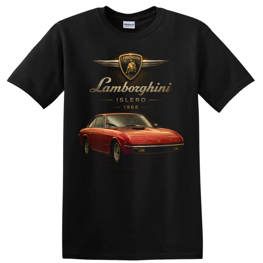 1968 Lamborghini Islero red coupe with vintage gold crest and lettering on a Black T Shirt