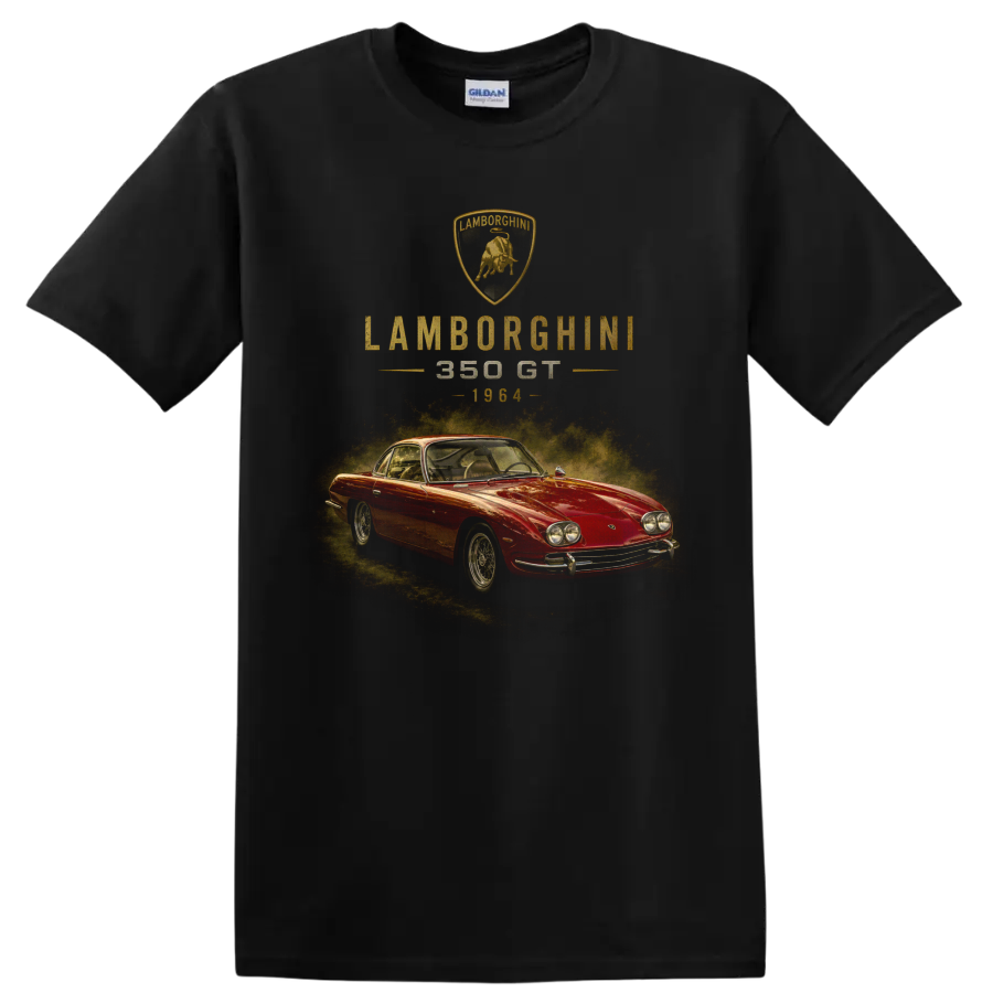 Vintage Lamborghini 350 GT 1964 red classic car graphic with crest on a Black T Shirt