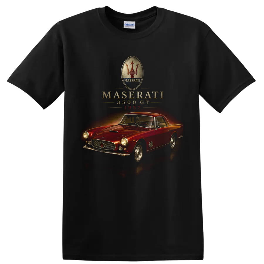 Maserati 3500 GT 1957 vintage red classic car graphic on a Black T Shirt