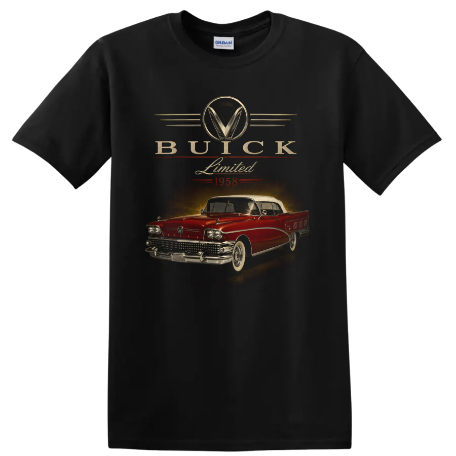 1958 Buick Limited vintage classic car graphic with retro lettering on a Black T Shirt