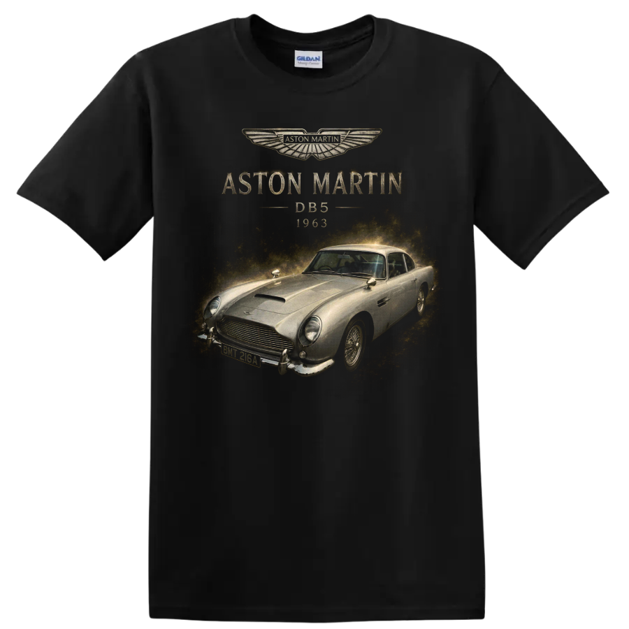 Aston Martin DB5 1963 vintage classic car graphic with gold accents on a Black T Shirt